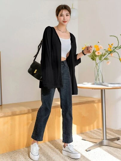 DAZY Áo khoác nữ tay cánh dơi hở phía trước, Quần áo nữ mùa thu