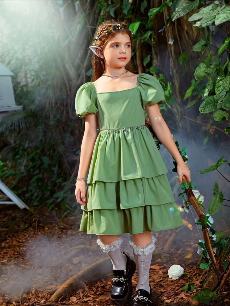 Niñas Vestido de manga farol bajo a capas sin cinturón - Verde - Ver 5