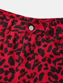 Shorts con estampado de leopardo bajo crudo - Rojo - Ver 4