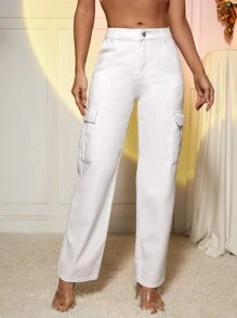 EURMUSE High Waist Cargo Jeans - White - View 3