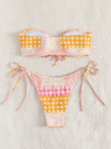 Swim Mod Summer Beach Plaid Drawstring Bandeau Bikini - Multicolor - View 2