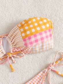 Swim Mod Summer Beach Plaid Drawstring Bandeau Bikini - Multicolor - View 3