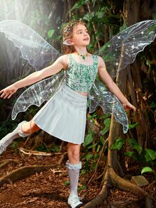 SHEIN Girls Floral Print Ruched Crop Top & Pleated Skirt Without Wing - Multicolor - View 2