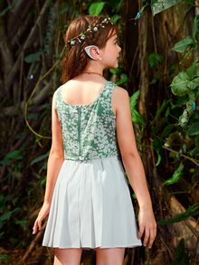 SHEIN Girls Floral Print Ruched Crop Top & Pleated Skirt Without Wing - Multicolor - View 3