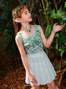 SHEIN Girls Floral Print Ruched Crop Top & Pleated Skirt Without Wing - Multicolor - View 1