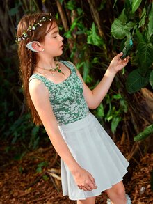 SHEIN Girls Floral Print Ruched Crop Top & Pleated Skirt Without Wing - Multicolor - View 4