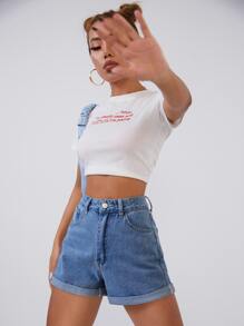 SHEIN EZwear 女士夏季高腰捲邊筆直腿休閒牛仔短褲,帶口袋 - 中等水洗藍 - 查看 3