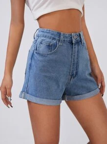 SHEIN EZwear 女士夏季高腰捲邊筆直腿休閒牛仔短褲,帶口袋 - 中等水洗藍 - 查看 5