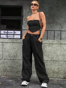 SHEIN 斜口袋闊腿牛仔褲 - 黑色 - 查看 1