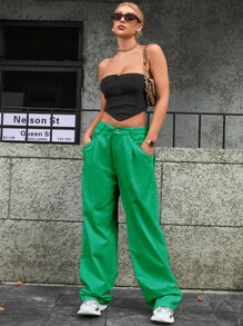 Jeans con bolsillo oblicuo de pierna ancha - Verde - Ver 1