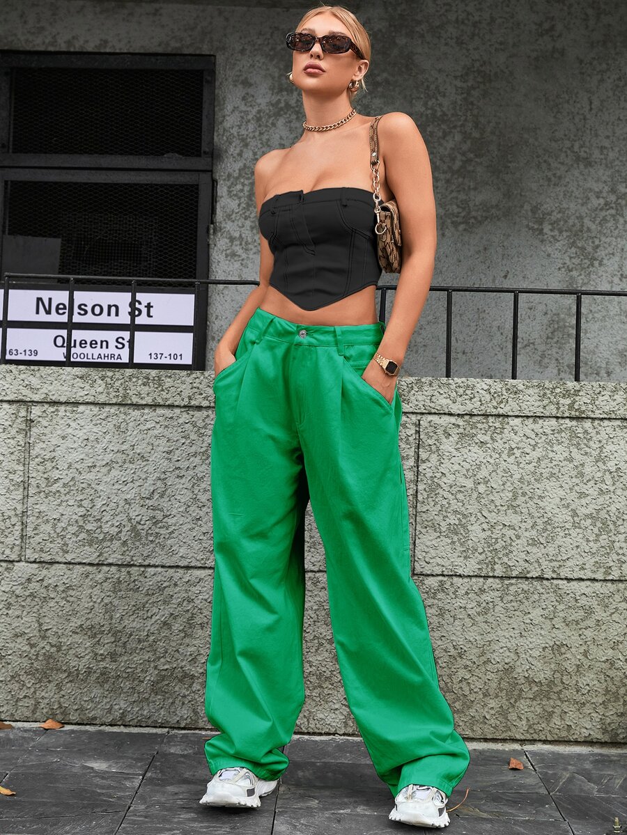Jeans con bolsillo oblicuo de pierna ancha - Verde - Ver 1