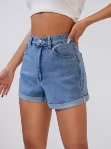 SHEIN EZwear 女士夏季高腰捲邊筆直腿休閒牛仔短褲,帶口袋 - 中等水洗藍 - 查看 6