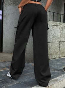 SHEIN 斜口袋闊腿牛仔褲 - 黑色 - 查看 2