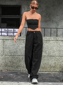 SHEIN 斜口袋闊腿牛仔褲 - 黑色 - 查看 3