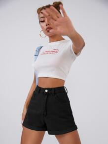 SHEIN EZwear 高腰卷邊牛仔短褲 - 黑色 - 查看 3