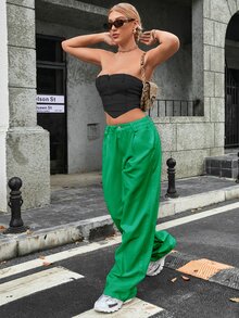 Jeans con bolsillo oblicuo de pierna ancha - Verde - Ver 3