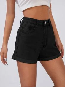 SHEIN EZwear 高腰卷邊牛仔短褲 - 黑色 - 查看 5