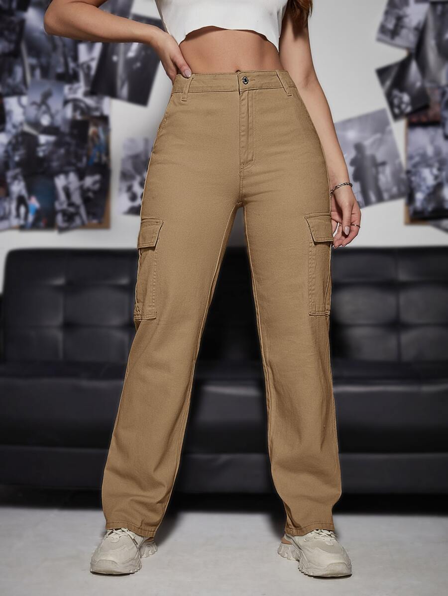SHEIN EZwear High Waist Cargo Jeans - Camel - View 1