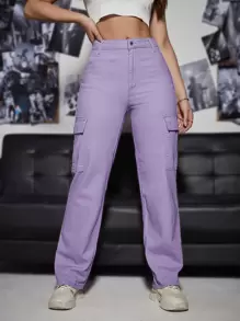 High Waist Flap Pocket Cargo Jeans - Lilac Purple - View 1