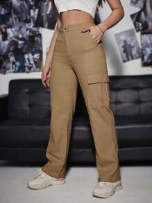 SHEIN EZwear High Waist Cargo Jeans - Camel - View 3