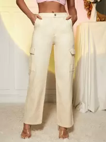 High Waist Cargo Jeans - Beige - View 1
