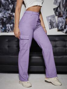 High Waist Flap Pocket Cargo Jeans - Lilac Purple - View 5