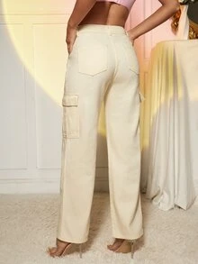 High Waist Cargo Jeans - Beige - View 2