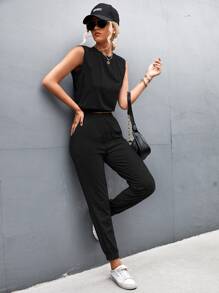 Solid Tank Top & Joggers - Black - View 5