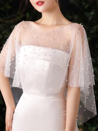 One White Lace Bridal Shawl With Faux Pearls And Rhinestones Embellishment Fall Clothes For Women