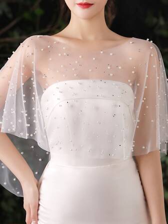 One White Lace Bridal Shawl With Faux Pearls And Rhinestones Embellishment Fall Clothes For Women