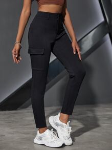 Jeanoix Women's Solid Color Cargo Pocket Skinny Casual Pants - Black - View 1