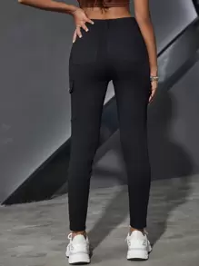 Jeanoix Women's Solid Color Cargo Pocket Skinny Casual Pants - Black - View 2