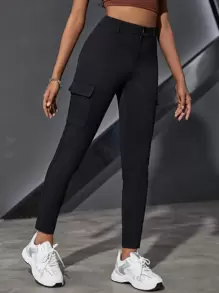 Jeanoix Women's Solid Color Cargo Pocket Skinny Casual Pants - Black - View 3