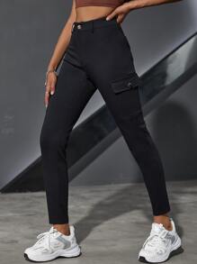 Jeanoix Women's Solid Color Cargo Pocket Skinny Casual Pants - Black - View 4