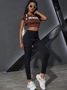 Jeanoix Women's Solid Color Cargo Pocket Skinny Casual Pants - Black - View 5