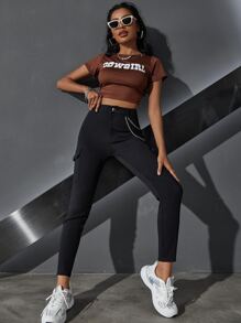 Jeanoix Women's Solid Color Cargo Pocket Skinny Casual Pants - Black - View 6