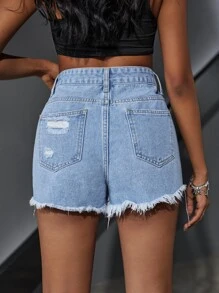 SHEIN EZwear Ripped Raw Hem Denim Shorts Y2k - Light Wash - View 2