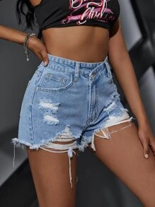 SHEIN EZwear Ripped Raw Hem Denim Shorts Y2k - Light Wash - View 3