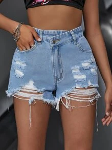SHEIN EZwear Ripped Raw Hem Denim Shorts Y2k - Light Wash - View 6