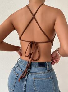 SHEIN Unity Crisscross Backless Knot Hanky Hem Textured Halter Top - Chocolate Brown - View 1