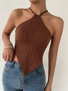 SHEIN Unity Crisscross Backless Knot Hanky Hem Textured Halter Top - Chocolate Brown - View 3