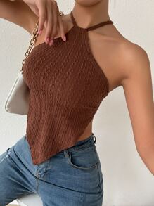 SHEIN Unity Crisscross Backless Knot Hanky Hem Textured Halter Top - Chocolate Brown - View 4