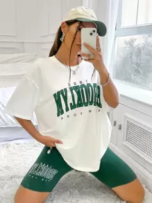 SHEIN MOOSTA Letter Graphic Drop Shoulder Tee & Cycling Shorts - Multicolor - View 3