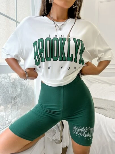 SHEIN MOOSTA Letter Graphic Drop Shoulder Tee & Biker Shorts