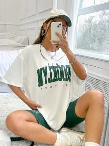 SHEIN MOOSTA Letter Graphic Drop Shoulder Tee & Cycling Shorts - Multicolor - View 6