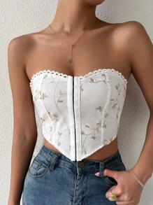 SHEIN Privé 花卉刺繡鏤空蕾絲花邊鉤眼扣抹胸上衣 - 白色 - 查看 4