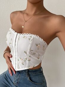 SHEIN Privé 花卉刺繡鏤空蕾絲花邊鉤眼扣抹胸上衣 - 白色 - 查看 6