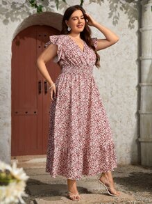 SHEIN LUNE Plus Ditsy Floral Shirred Overlap Collar Flutter Sleeve Ruffle Hem Dress - Multicolor - View 5