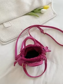 Mini Letter Graphic Drawstring Design Bucket Bag - Hot Pink - View 7