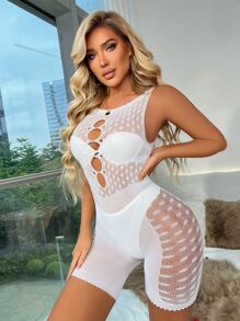 Classic Sexy Mono de malla con abertura transparente sin forro - Blanco - Ver 1